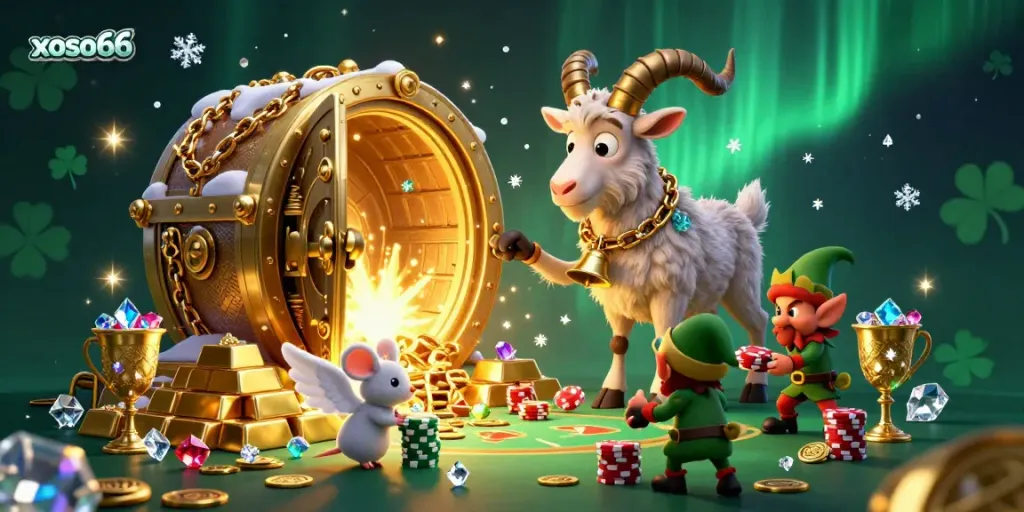 Play exciting games and win big at xoso66, featuring a lively casino scene with festive characters and sparkling treasures.