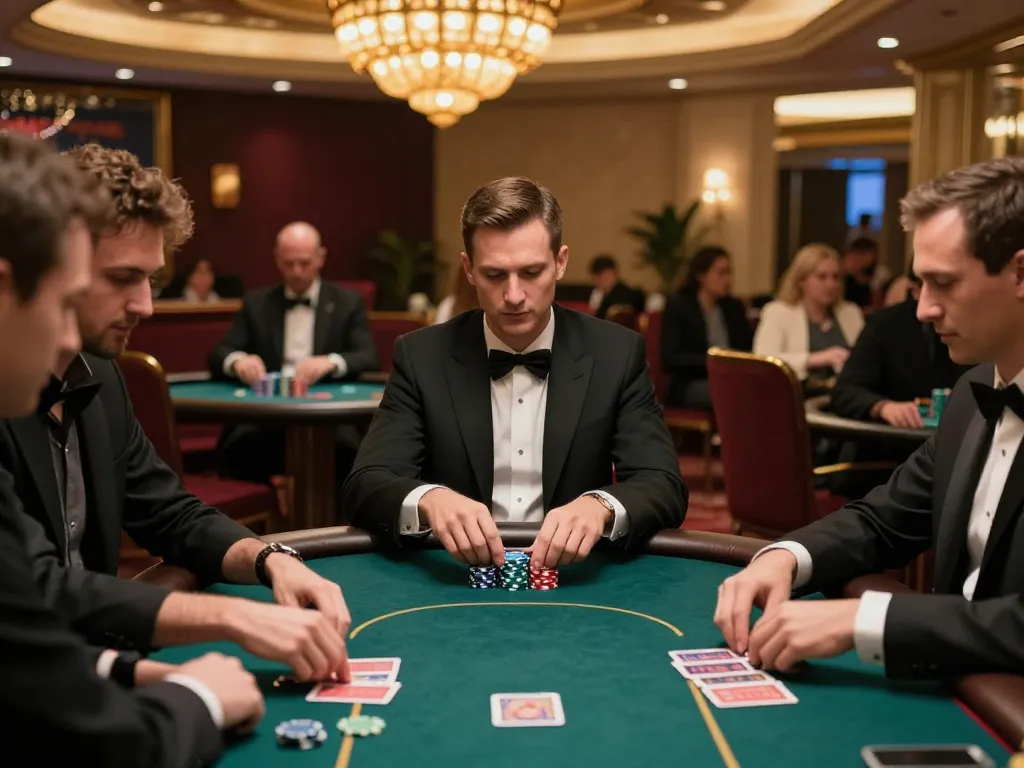 iWin poker players strategizing their bets in upscale casino atmosphere, showcasing high-stakes excitement.