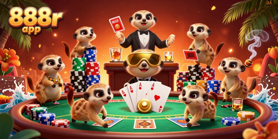 Engage with the vibrant 888r app casino scene featuring meerkats in action with poker elements.