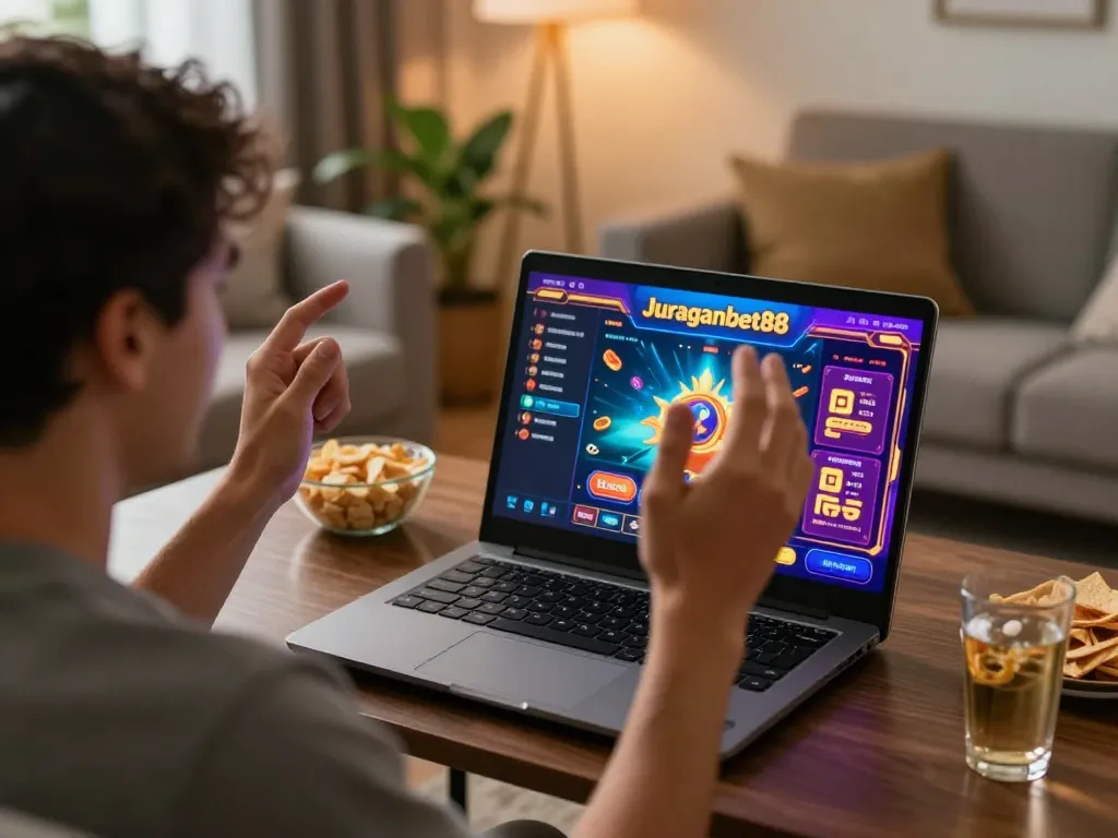 Celebrate wins at Juraganbet88 with online gaming excitement in a cozy home setup.