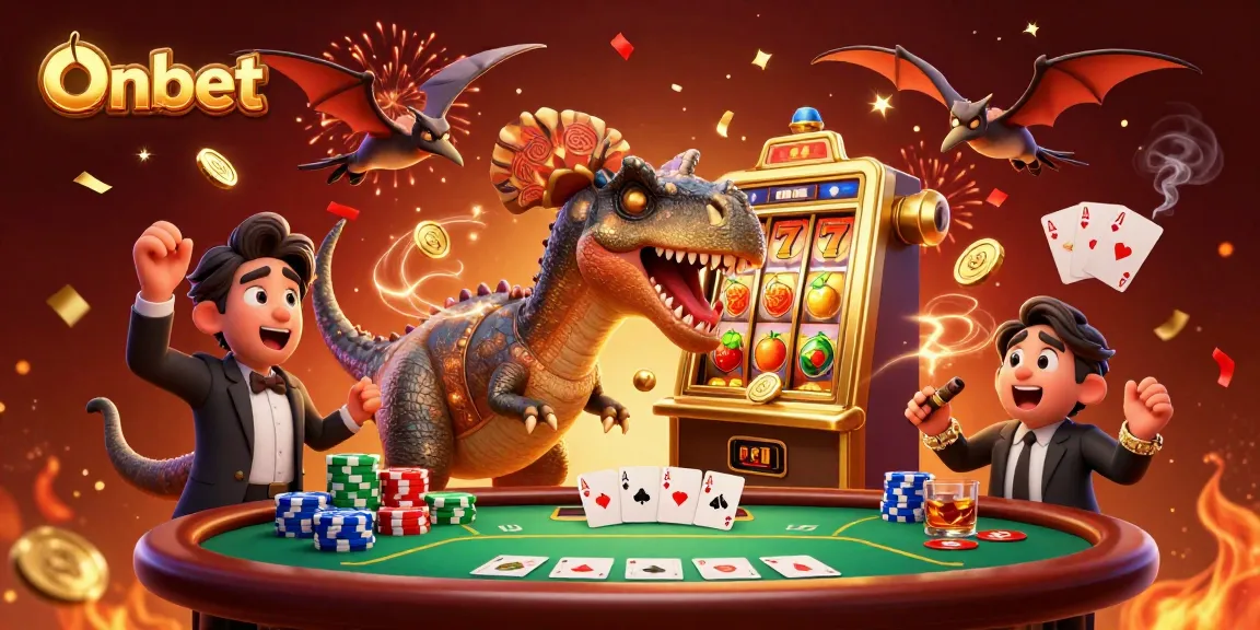 Onbet features a vibrant 3D scene with characters engaging in a thrilling jackpot slot game.