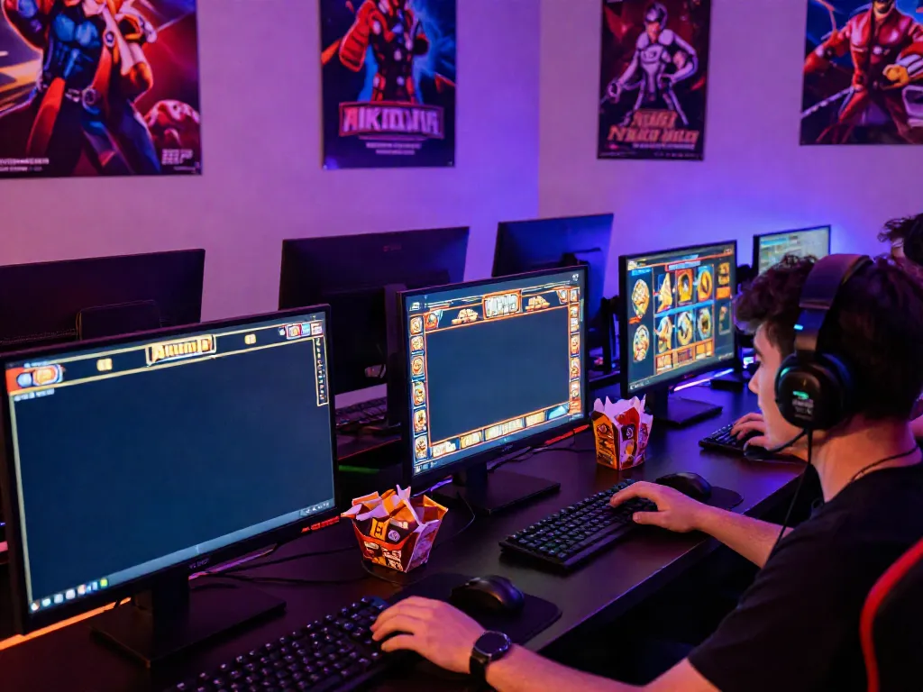 Immersive gaming setup with akunjp slot games on multiple screens