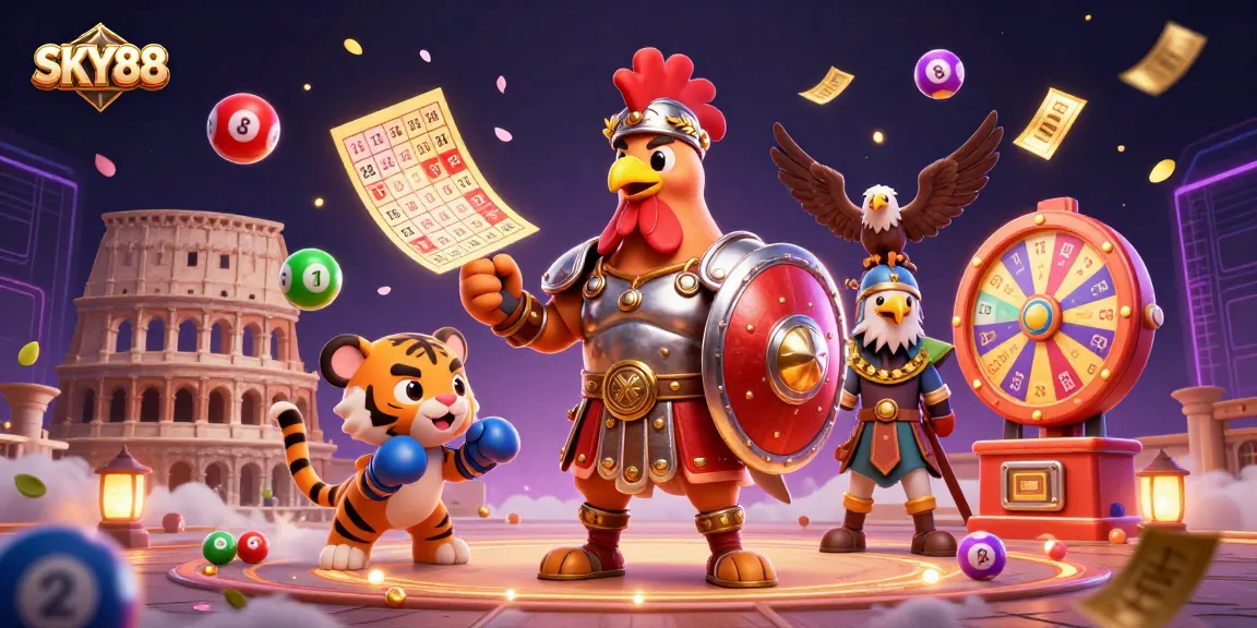 Experience thrilling SKY88 gaming with a gladiator rooster, lively lottery elements, and cinematic visuals.