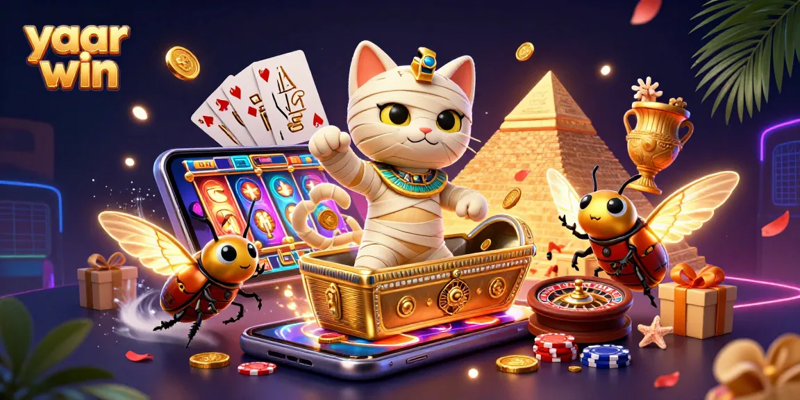 Spin and win with yaar win as the animated mummy cat plays amidst pyramid casino treasures.