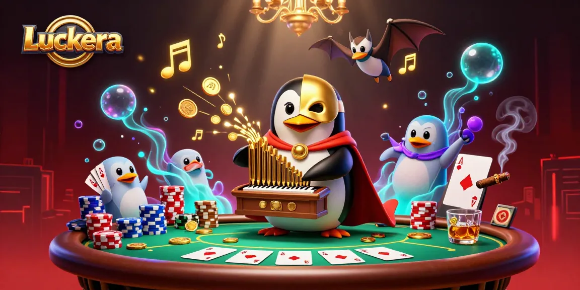 Luckera captivates players with a dynamic casino scene featuring poker elements and whimsical characters.