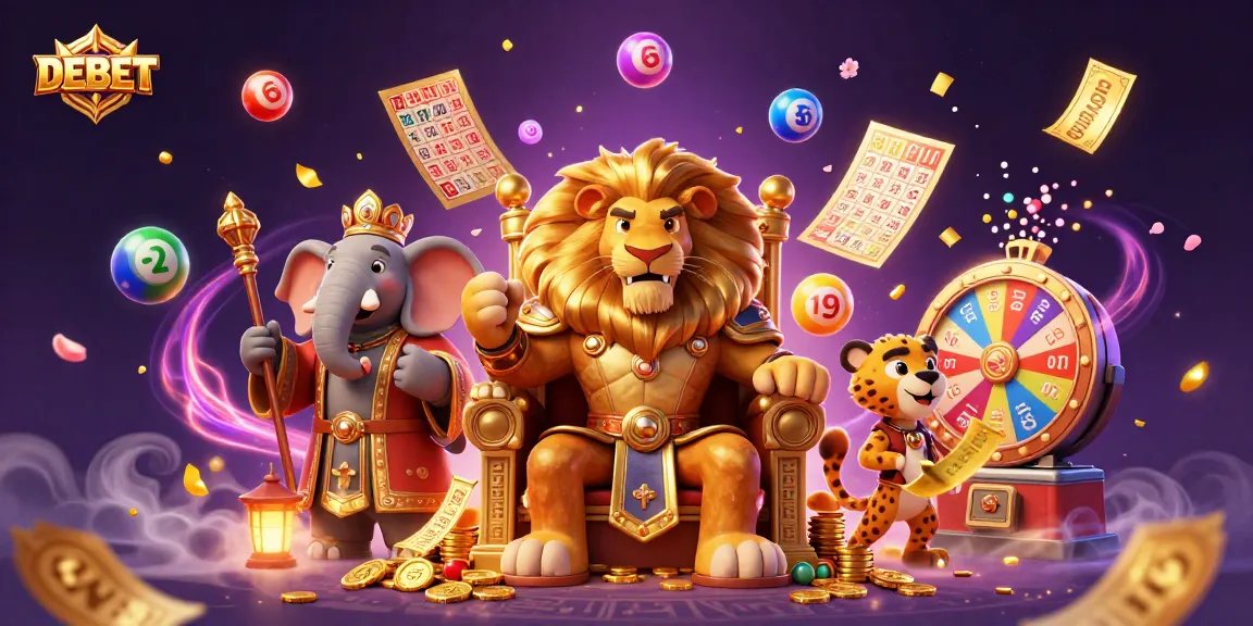 Engage in thrilling DEBET lottery action with a royal lion king, wise elephant, and swift cheetah.