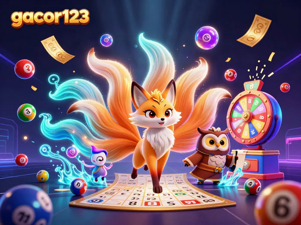 Engage with gacor123's vibrant online gaming world featuring a glowing fox spirit and colorful game elements.