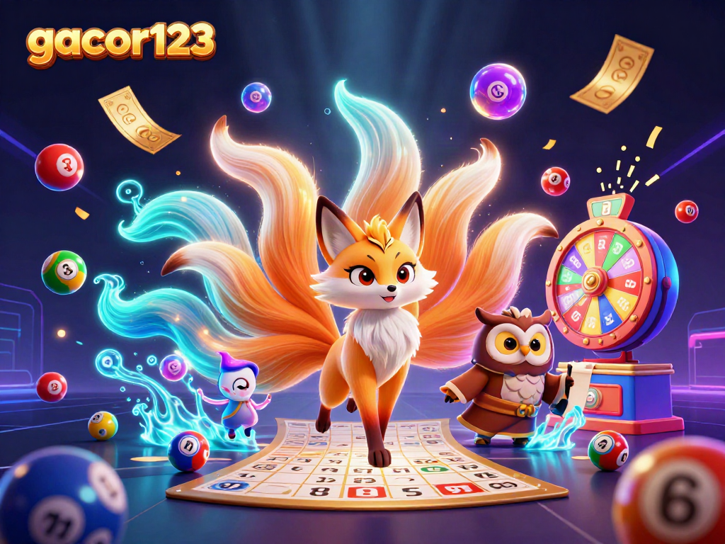Engage with gacor123's vibrant online gaming world featuring a glowing fox spirit and colorful game elements.