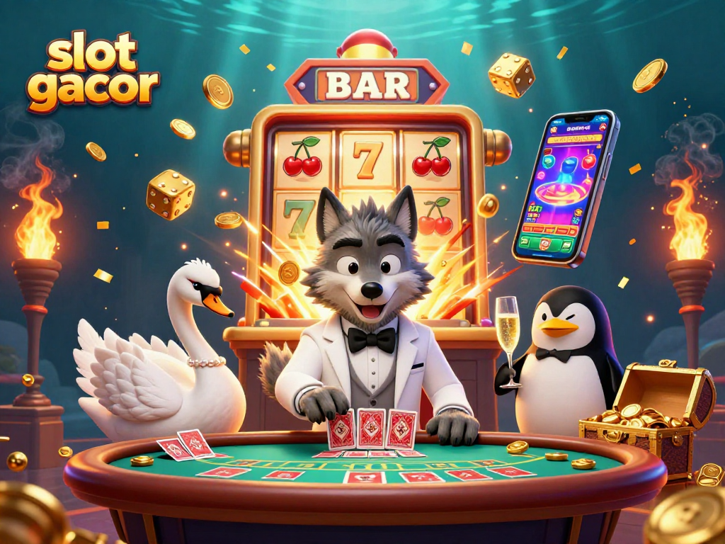 Experience the excitement of slot gacor with this engaging casino illustration of a wolf, swan, and penguin.