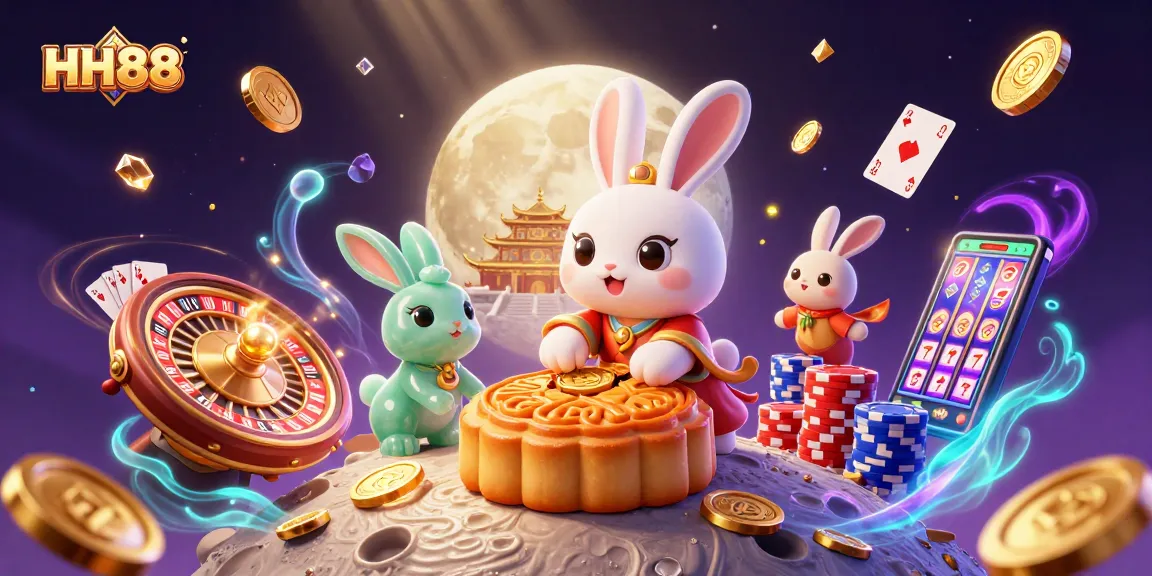 Experience HH88 with a dynamic moon rabbit scene, revealing poker chips and exciting casino elements.