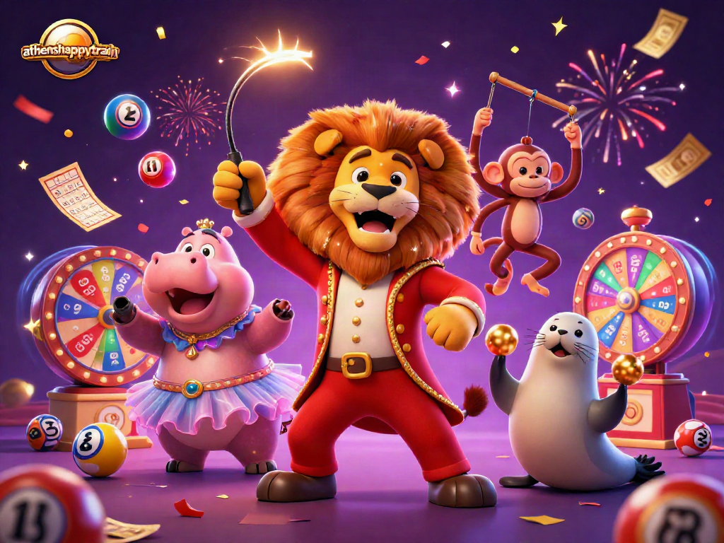 Experience the thrill of athenshappytrain with vibrant bingo and lottery games in an animated scene.