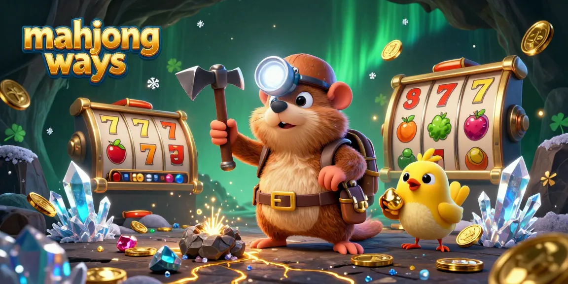 Engage with Mahjong Ways by spinning vibrant slot reels amidst treasure in a captivating casino scene.