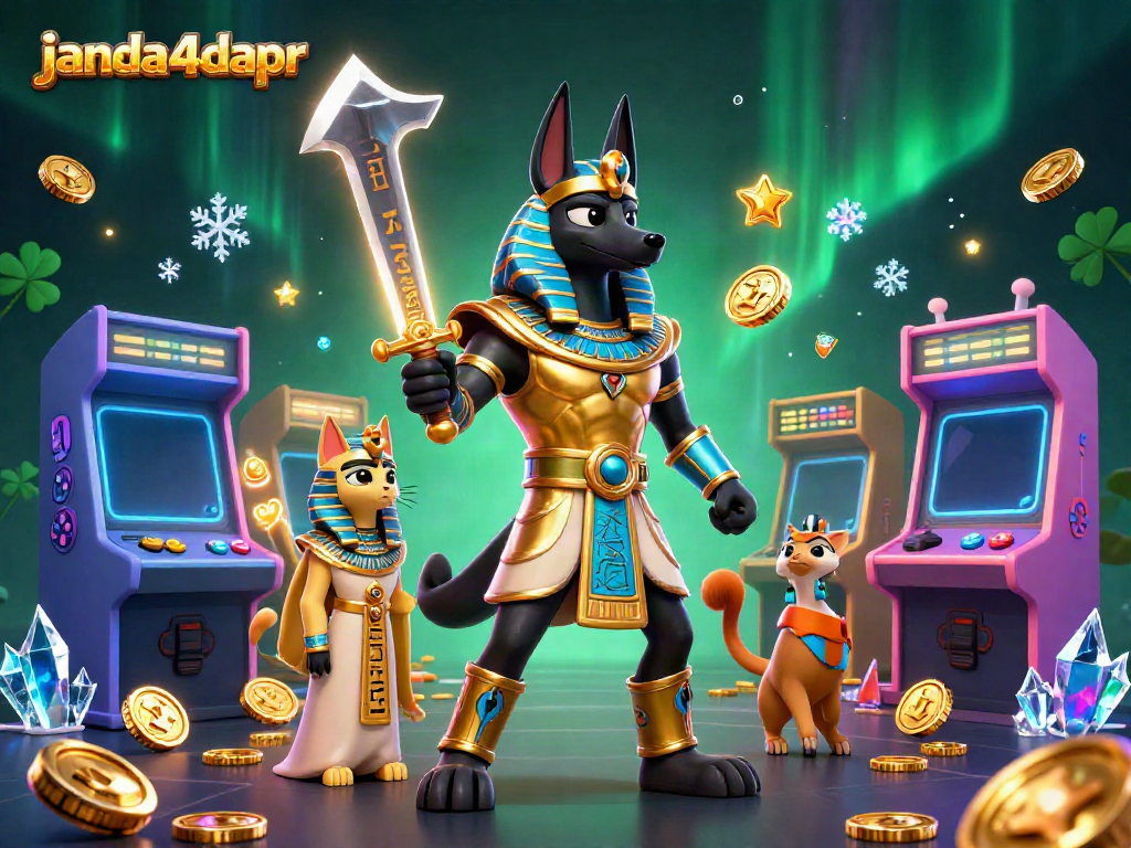 Permainan menarik di janda4dapr dengan karakter Anubis dan Bastet dalam suasana kasino digital.