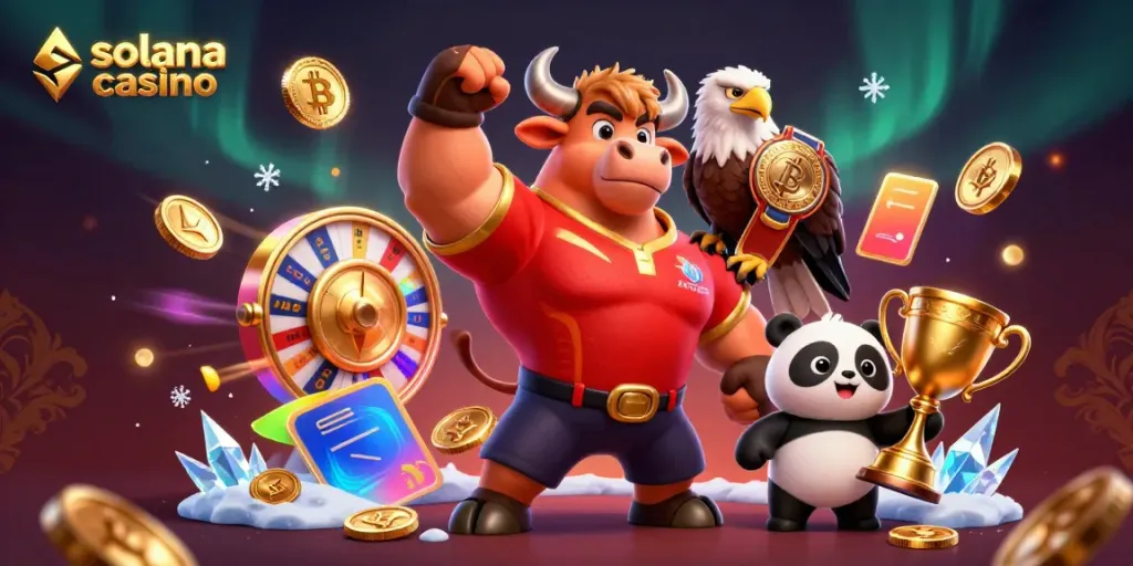 Experience thrilling action in this vibrant solana casino illustration featuring a bull mascot, eagle, and panda.
