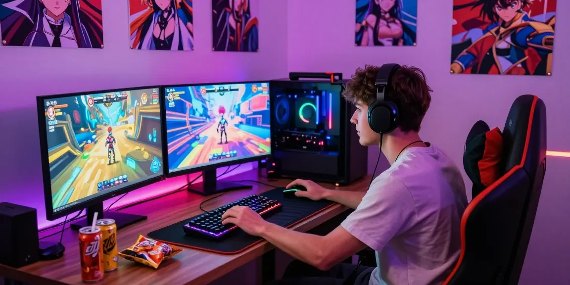 Engaging gamer playing hentai games in a vibrant gaming room setup with multiple monitors.