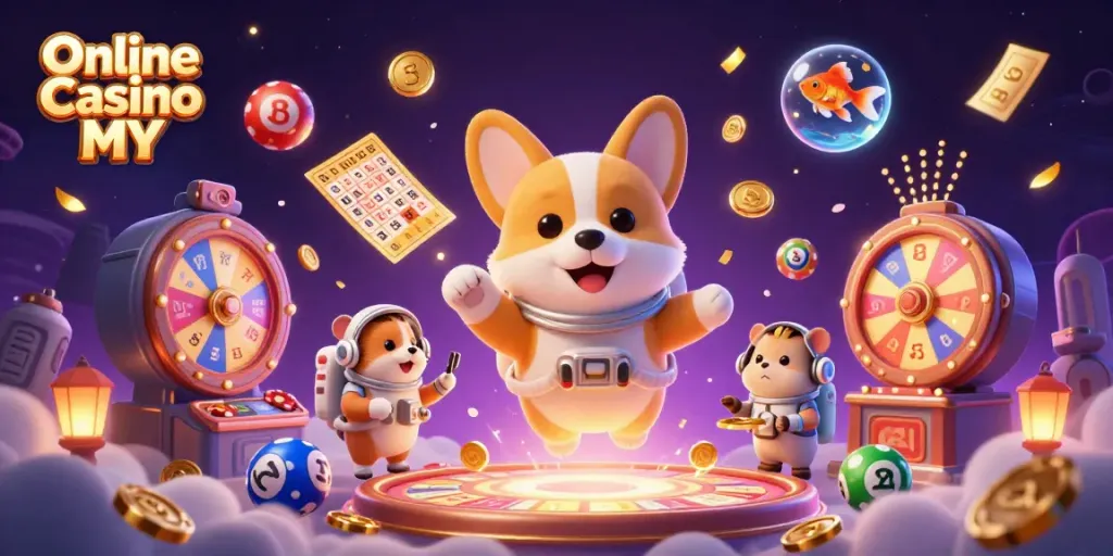 Experience the fun of Online Casino MY with vibrant games and characters in a magical space setting.
