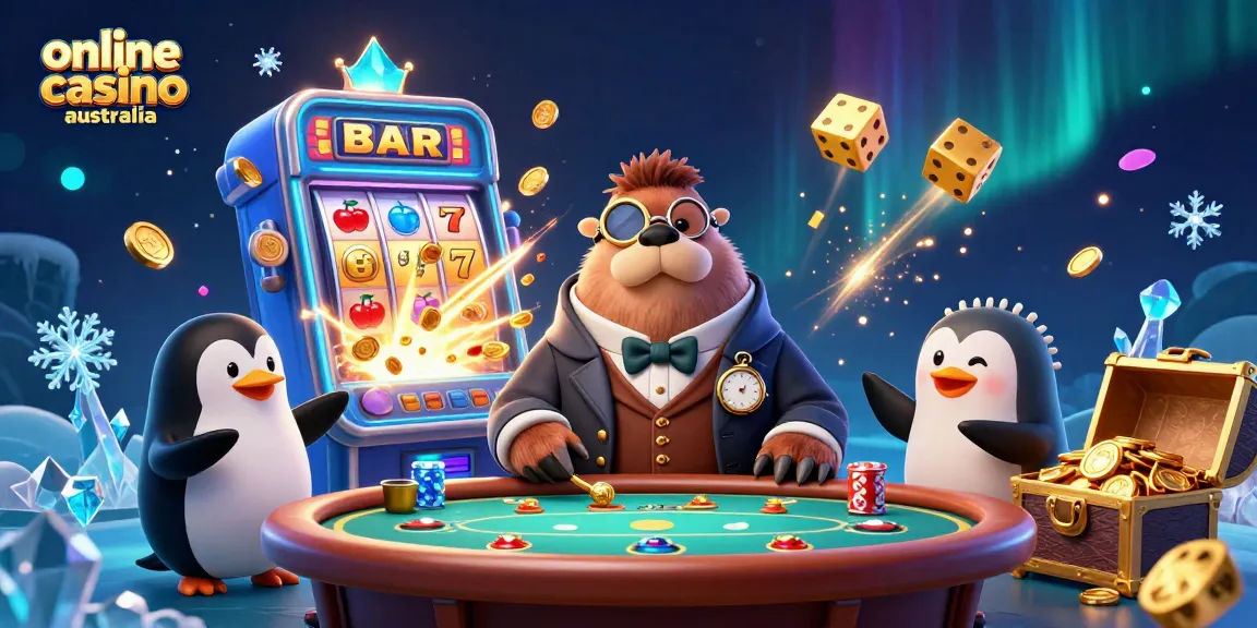 Experience online casino Australia with a thrilling poker scene featuring a walrus, penguin dealer, and bluffing pufferfish.