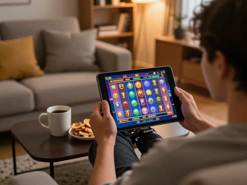 Bermain slot online di tablet di rumah, menampilkan permainan yang penuh warna di https://www.goldleafrestaurant.com/wp_glmain/.