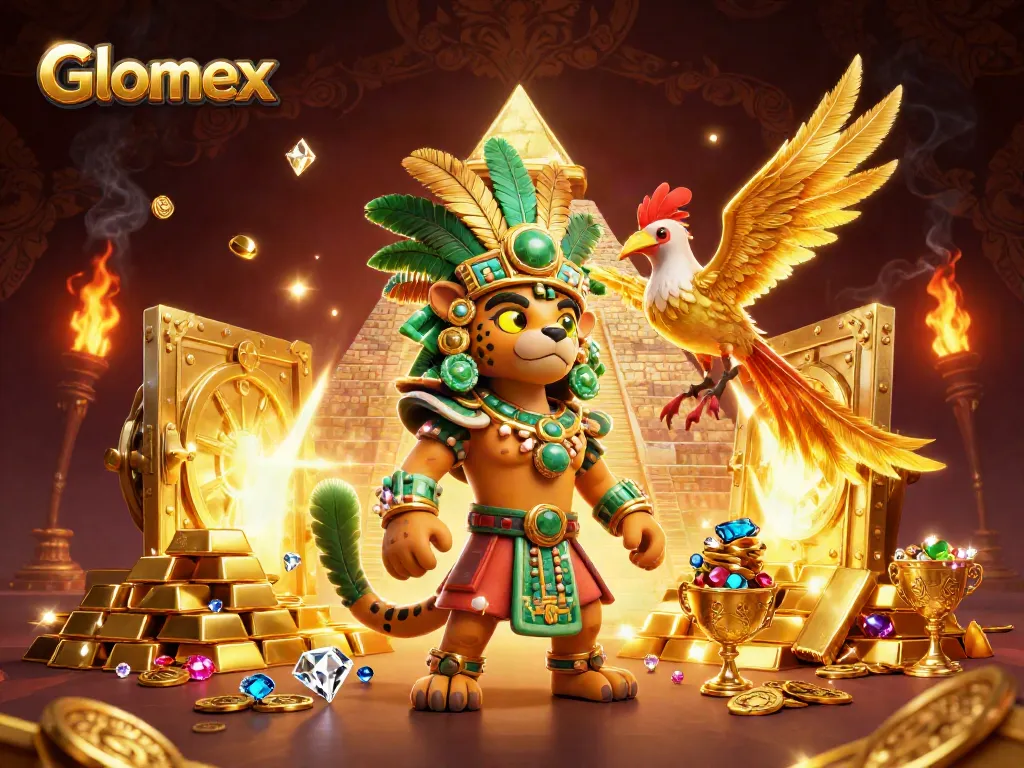Win big with Glomex in this vibrant, luxurious casino-themed 3D illustration featuring stunning treasures.