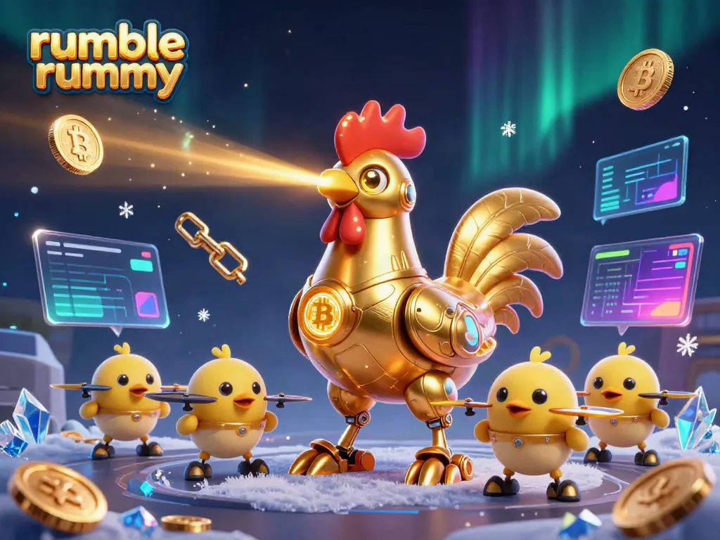 Engage in Rumble Rummy with a vibrant illustration of a golden rooster robot and baby chick drones among crypto elements.