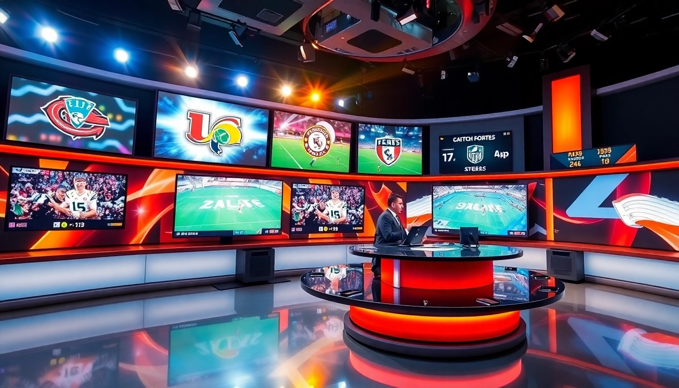 Engaging scene of sports broadcasting with hosts and live score updates in a modern studio setting.
