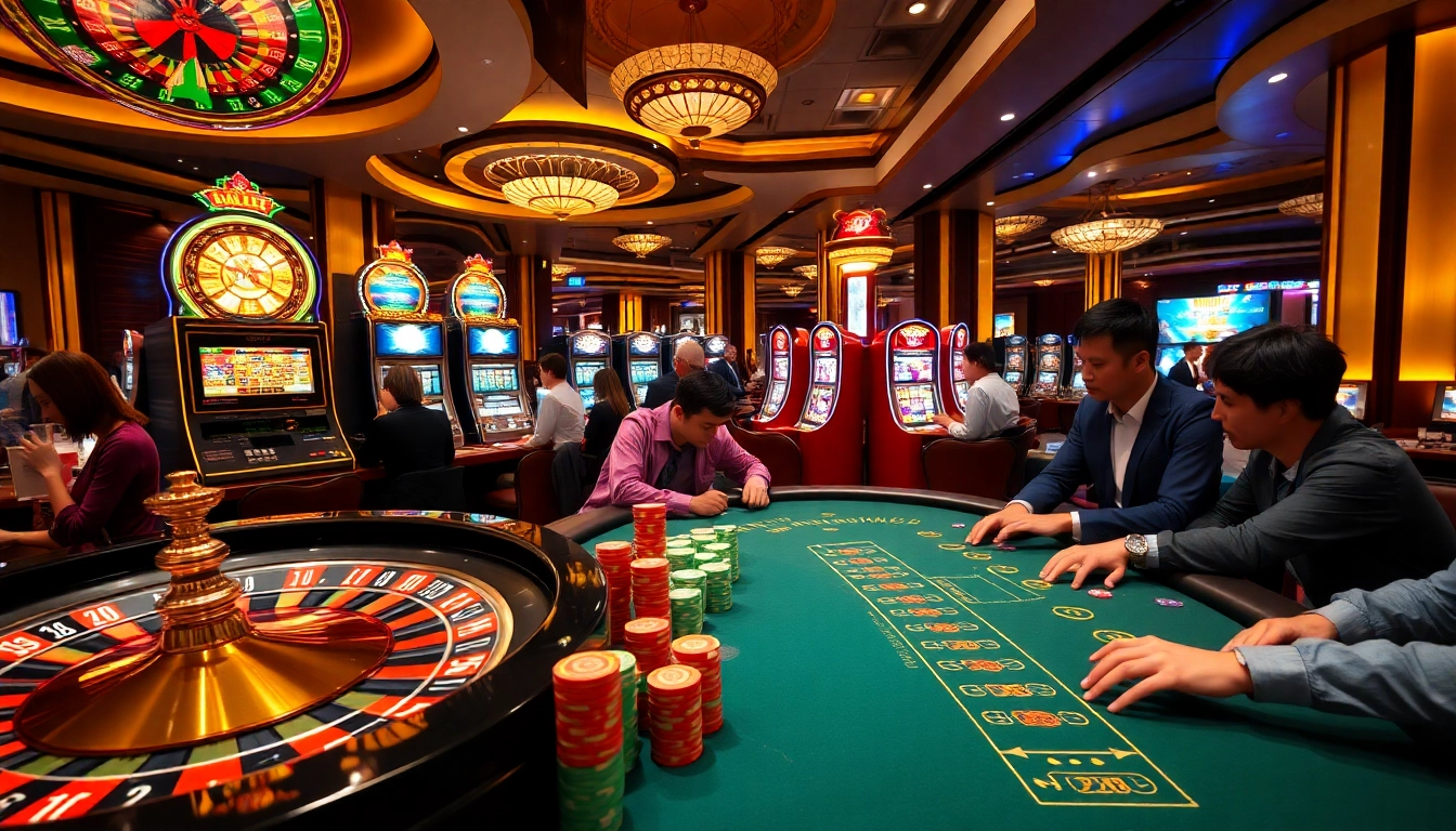 Engaging gameplay at NHÀ CÁI VT88 with vibrant casino tables and excited gamblers.