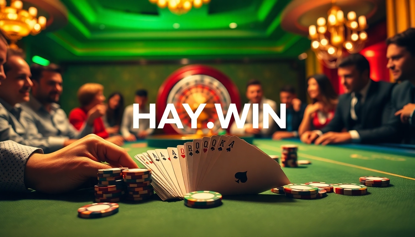 Experience the excitement of HAY.WIN with a professional poker scene, glowing chips, and engaging players.
