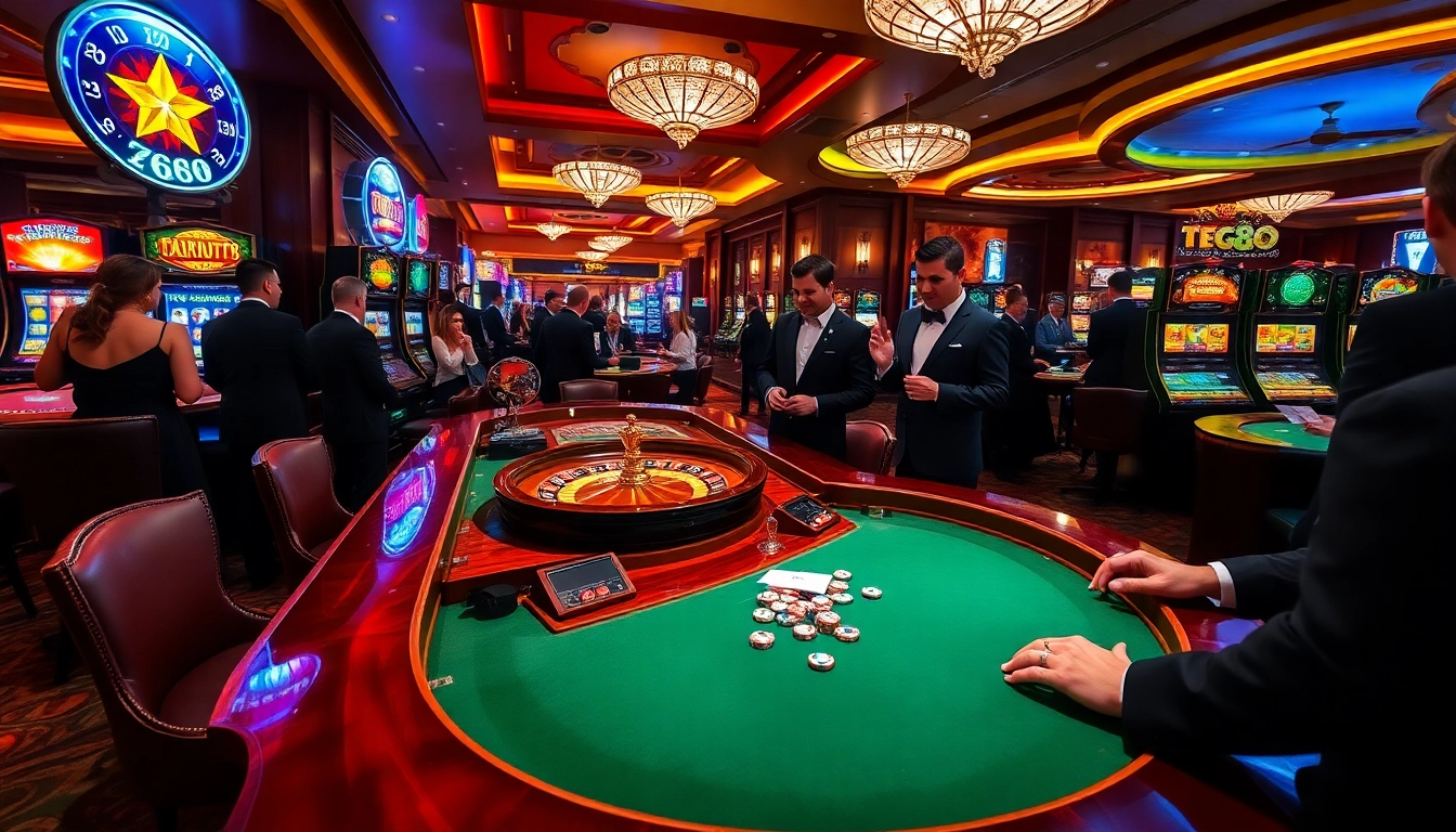 Experience high-stakes action at https://tg88.za.com/ with an elegant casino scene filled with poker tables and slot machines.