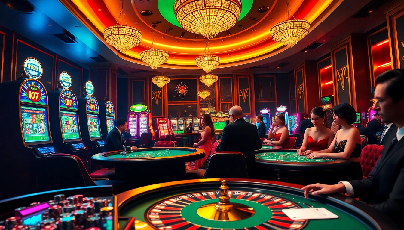 High-stakes mmoo casino scene with players at glamorous tables, vibrant slot machines, and a roulette wheel.