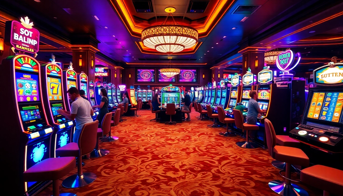 Players enjoying thrilling slot machines in a vibrant casino atmosphere filled with excitement.
