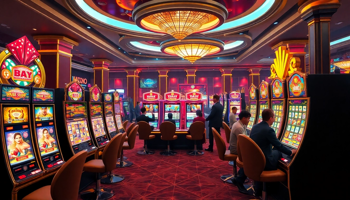Situs gacor players engaging with vibrant slot machines and casino excitement