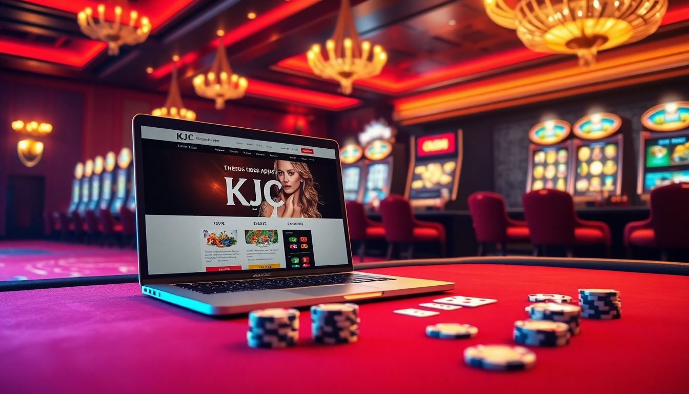 Engage with the exciting world of the KJC website, featuring poker and slot machines in a luxurious casino setting.