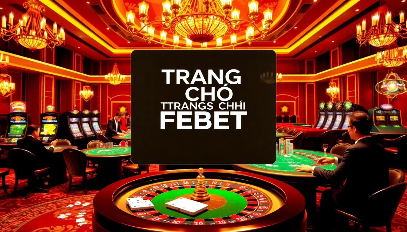 Engaging players at TRANG CHỦ FEBET enjoying a vibrant casino atmosphere with roulette and poker tables.