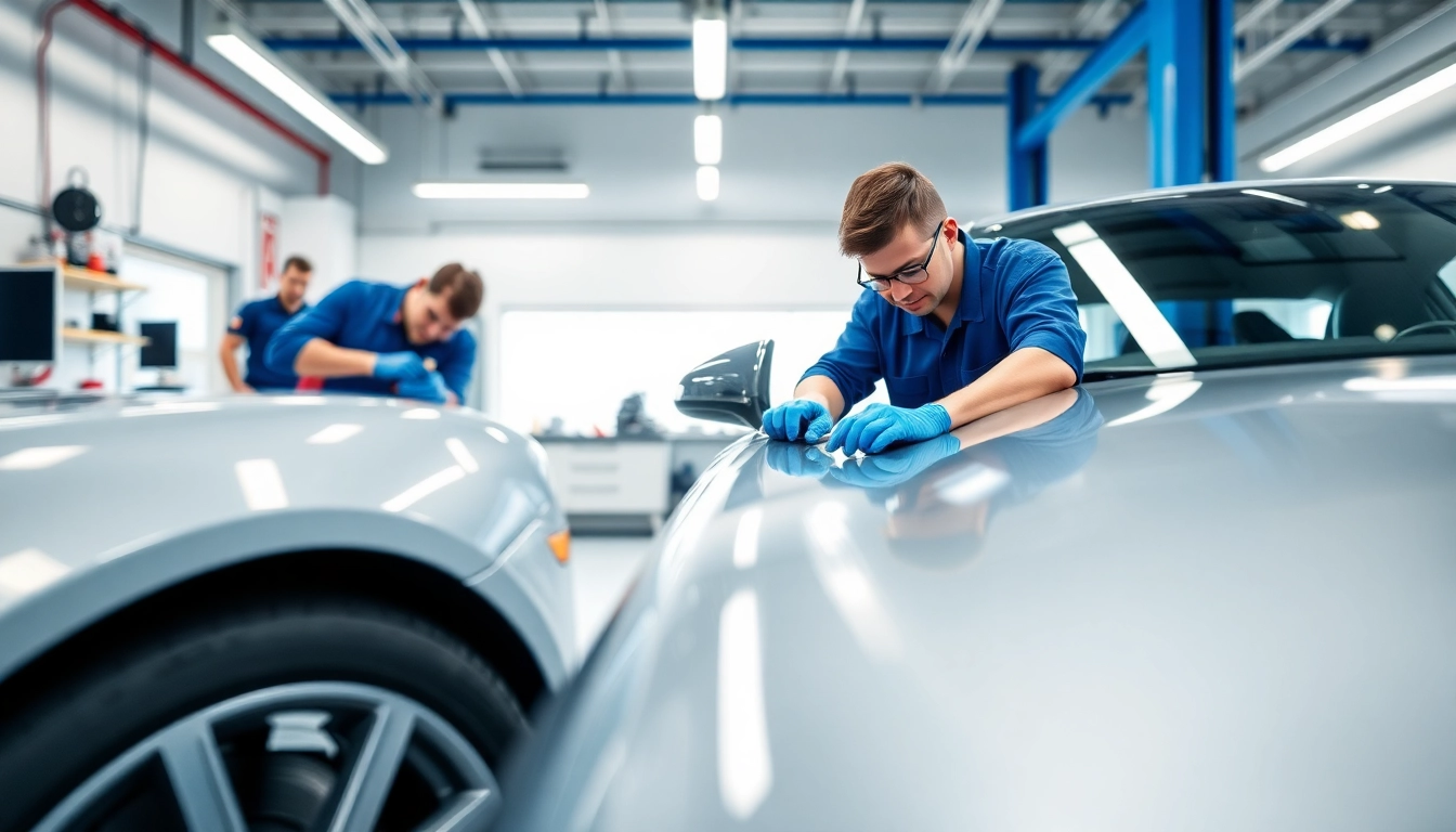 Applying paint protection film near me to a luxury car by skilled technicians in a bright workshop.