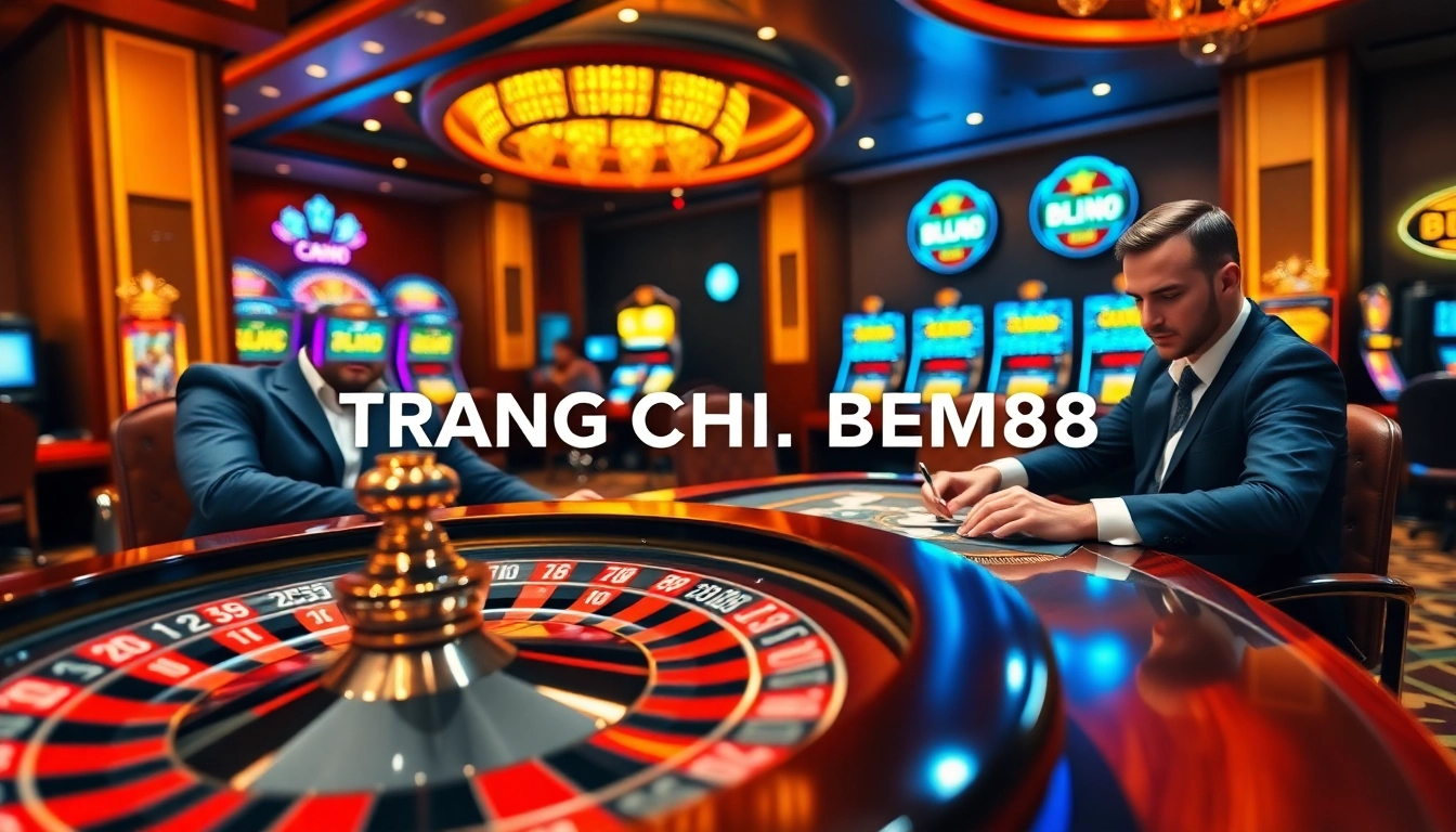 Engaging casino scene at TRANG CHỦ BEM88 with dynamic gameplay of poker, roulette, and vibrant slot machines.