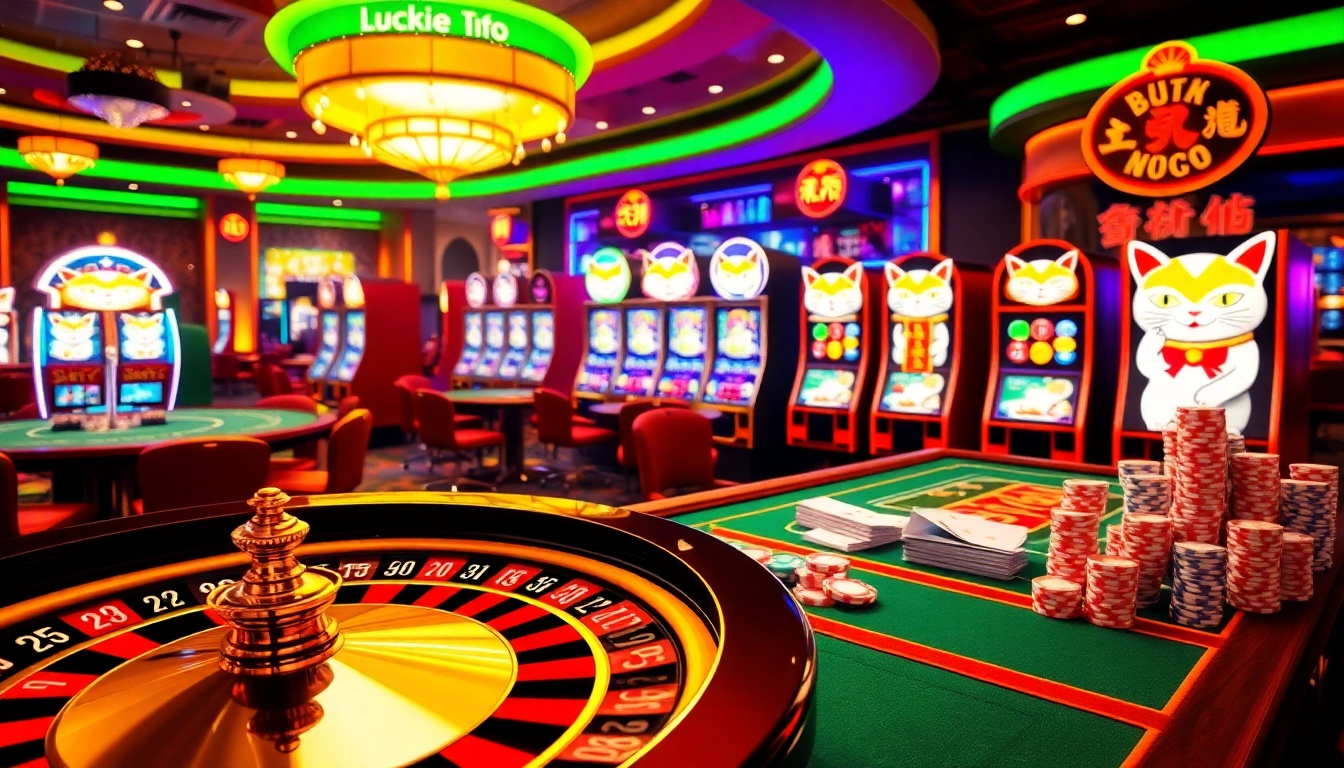 Winning gamblers enjoy a Lucky Neko-themed casino with vibrant slot machines and a roulette wheel.
