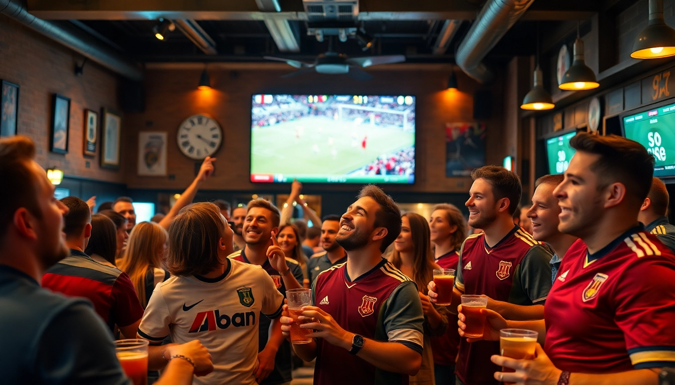 Socolive streaming soccer fans enjoying an exciting match in a vibrant sports bar atmosphere.