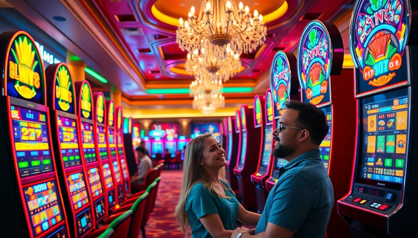 Players enjoying Slots in a vibrant casino atmosphere with colorful machines and bright decor.