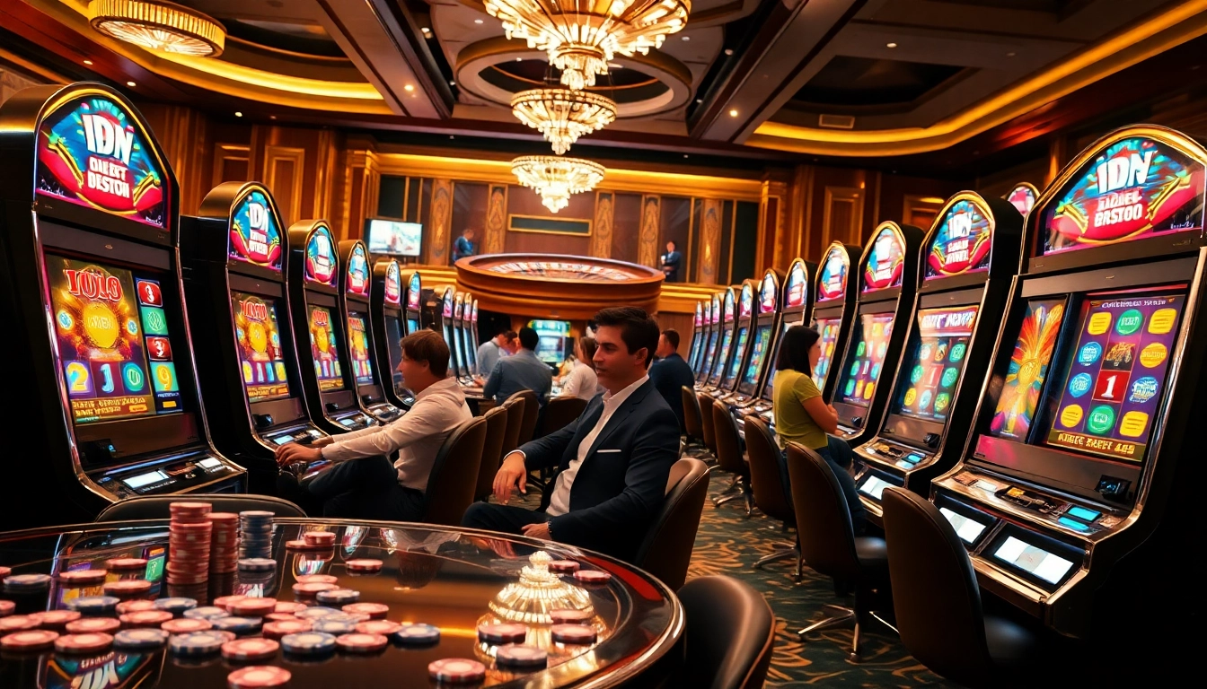 Engaged players celebrating wins at the idn slot machines in a luxurious casino setting.