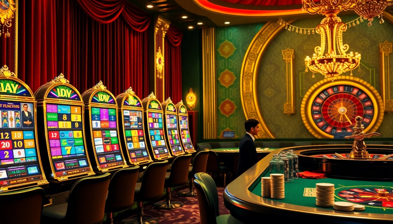 Experience thrilling idn slot action at an elegant casino filled with vibrant colors and engaging players.