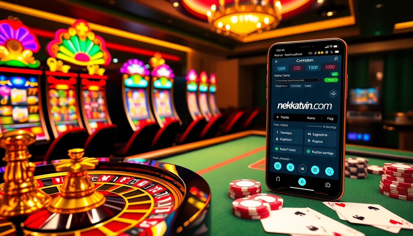 Experience live betting action at nekatwin.com with vibrant slot machines and a roulette wheel.