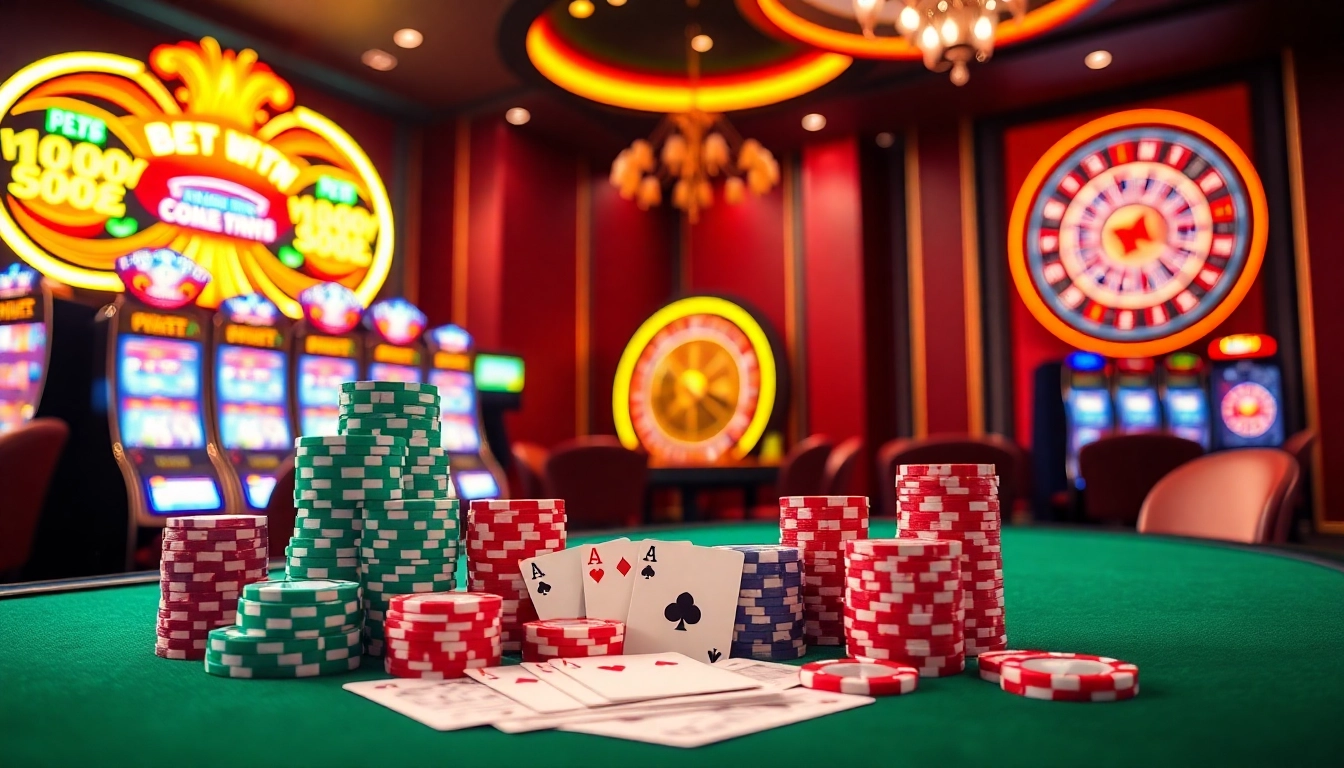 Engaging casino scene highlighting 555win5.co.com with vibrant poker chips and cards.