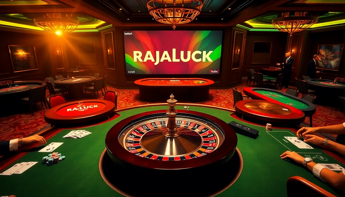 Players enjoying thrilling games at RAJALUCK's sophisticated casino, showcasing luxury and excitement.