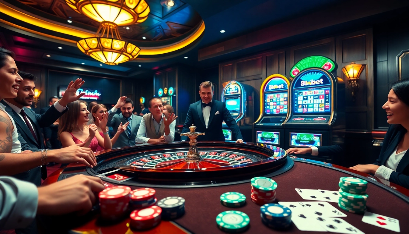 Experience high-stakes gaming at 8kbet with vibrant casino elements including poker chips and roulette tables.
