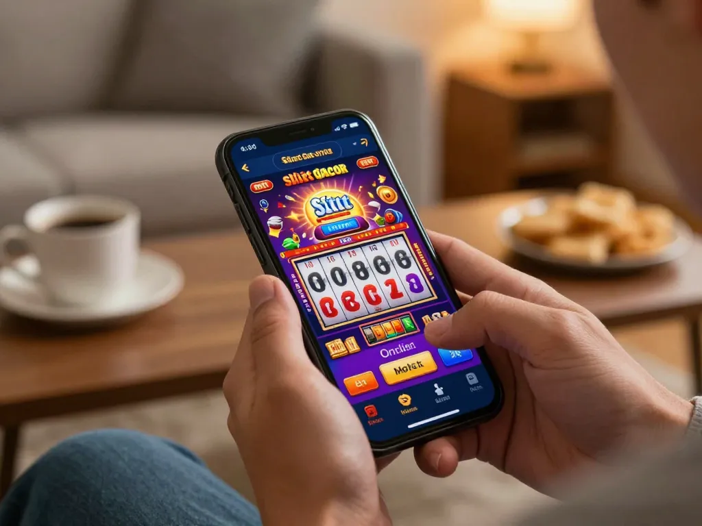 Player engages in situs slot gacor gameplay on smartphone with colorful app interface at home.
