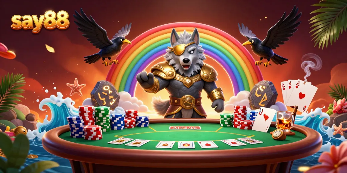 Experience say88's vibrant casino realm with Odin and his ravens amid sparkling poker elements.