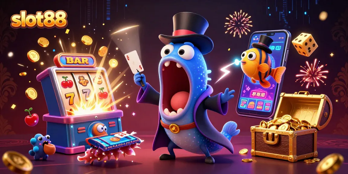 Bermain slot88 dengan jackpot meledak dan simbol keberuntungan dalam desain grafis menarik.