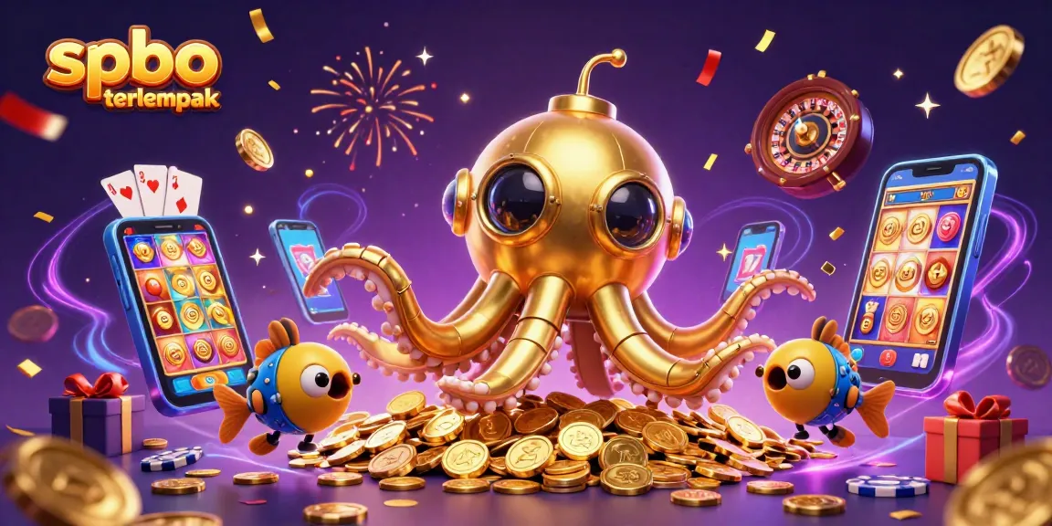 Spbo terlengkap showcases a vibrant scene with a golden kraken submarine surrounded by casino games.