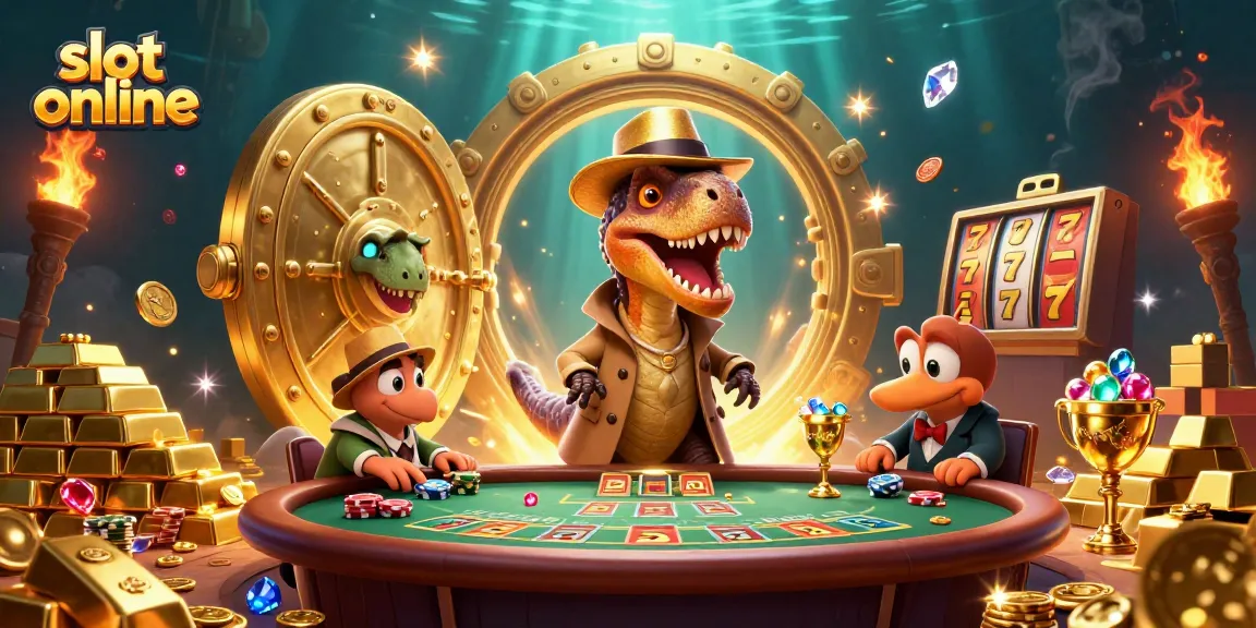 Slot online menarik yang menunjukkan raptor bermain kartu di kasino dengan elemen slot, berlian, dan emas.