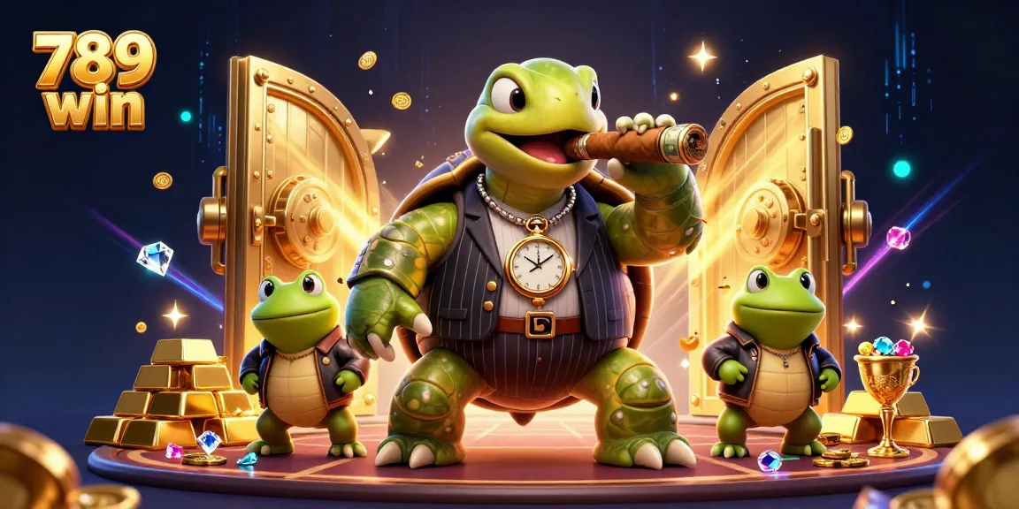 Join the excitement at 789 win with a vibrant illustration of a snapping turtle and bullfrog enforcers amid gold and gems.